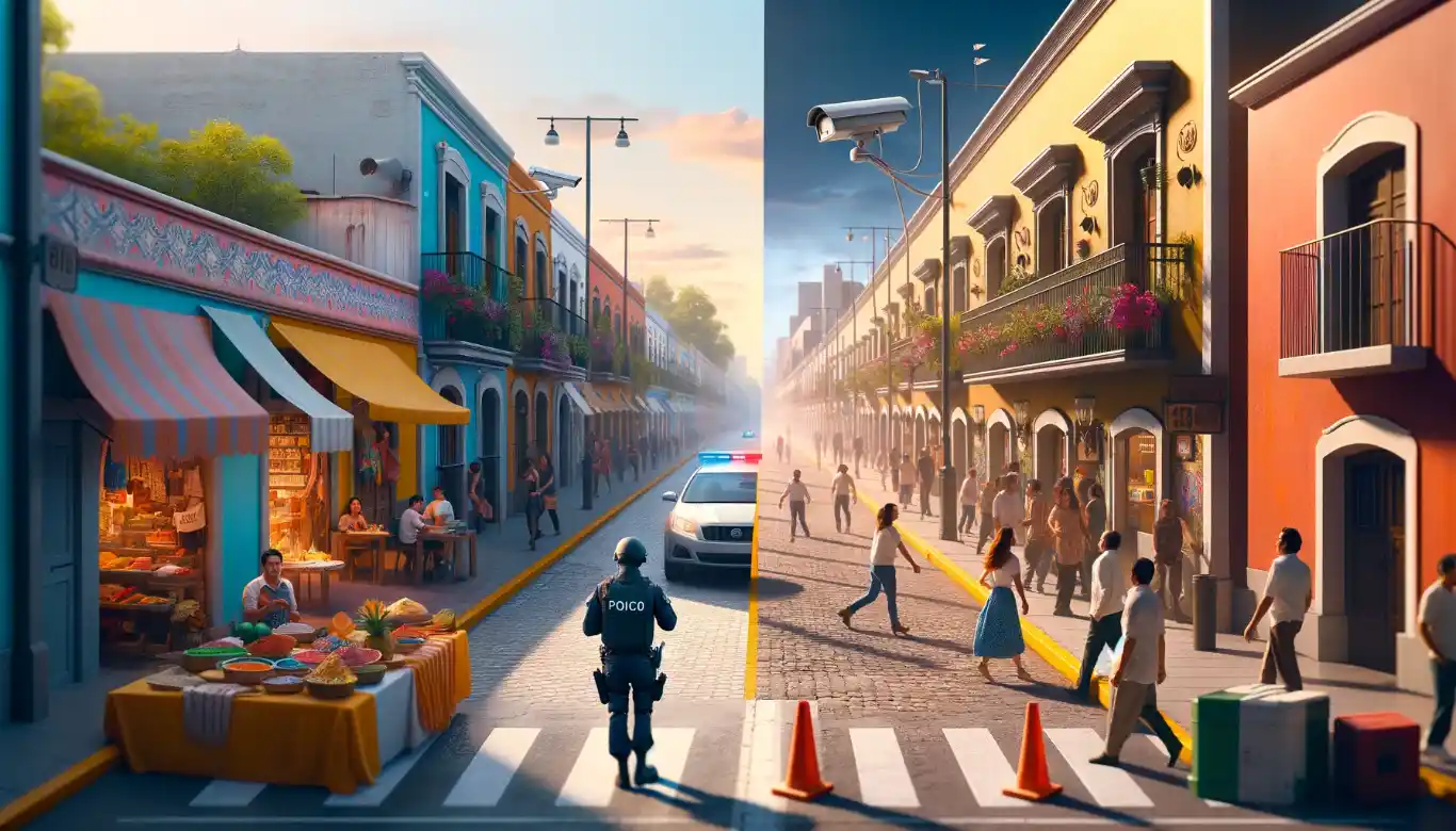 Vibrant Mexican street scene with people enjoying daily life, combined with safety measures like police presence and surveillance.