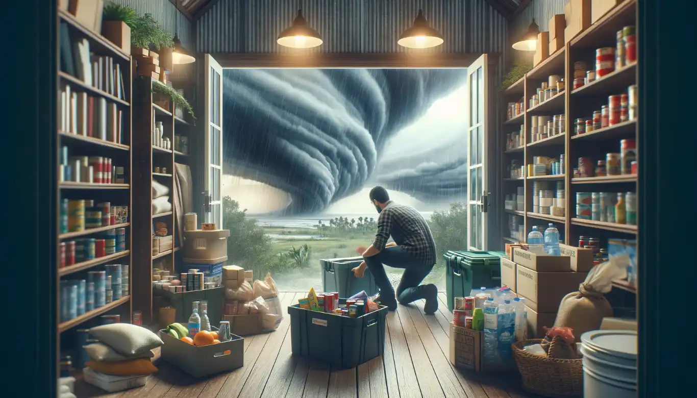 Individual inside a home, organizing emergency supplies with food, water, and kits, near shuttered windows against the backdrop of storm clouds, embodying preparation for a hurricane.