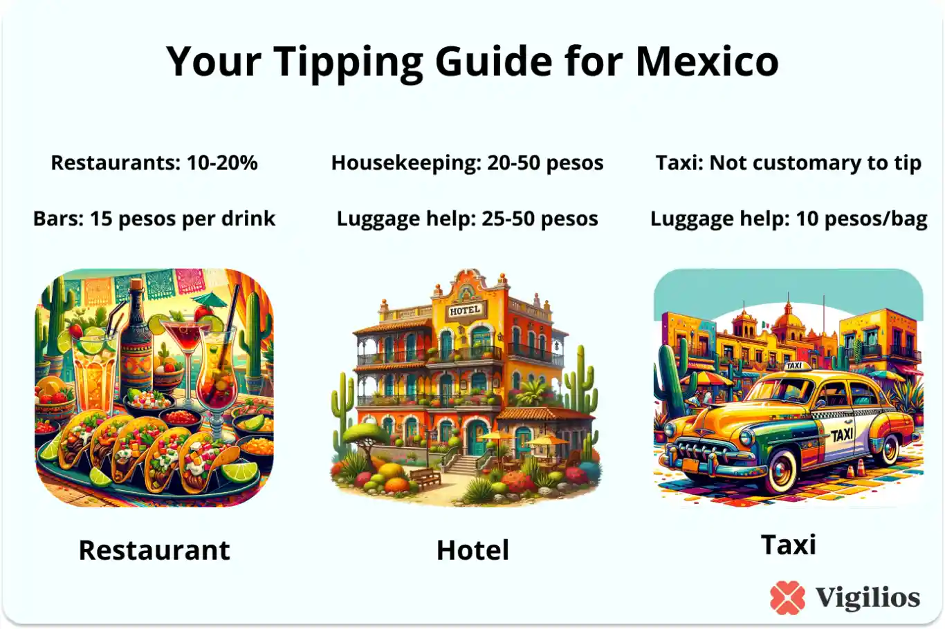 Illustrative cheat sheet showing recommended tipping percentages in different service situations, including at restaurants, in hotels, and during taxi rides