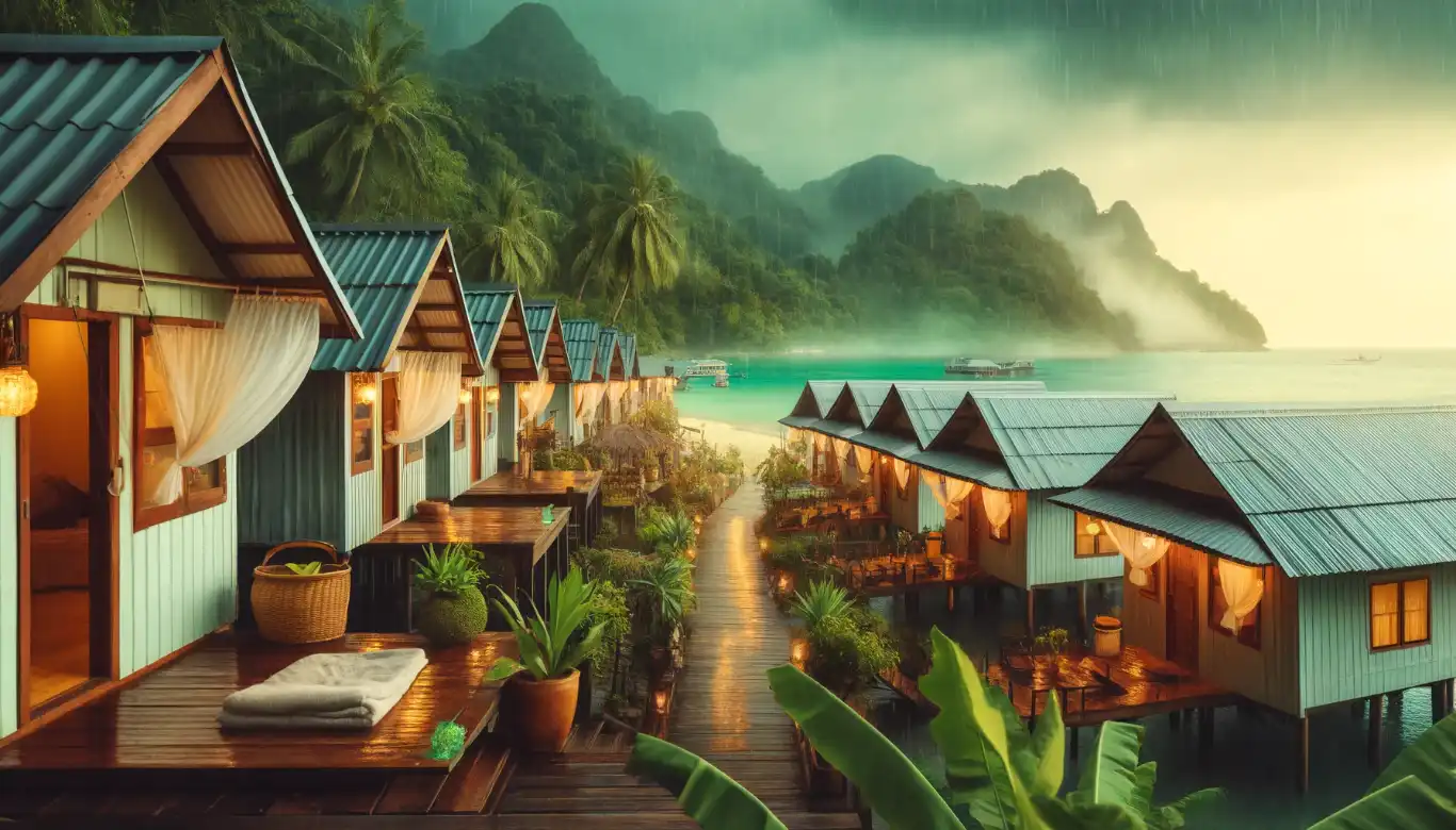 Budget-friendly beach huts and guesthouses in Thailand during the monsoon season, set against lush greenery and a rainy backdrop.
