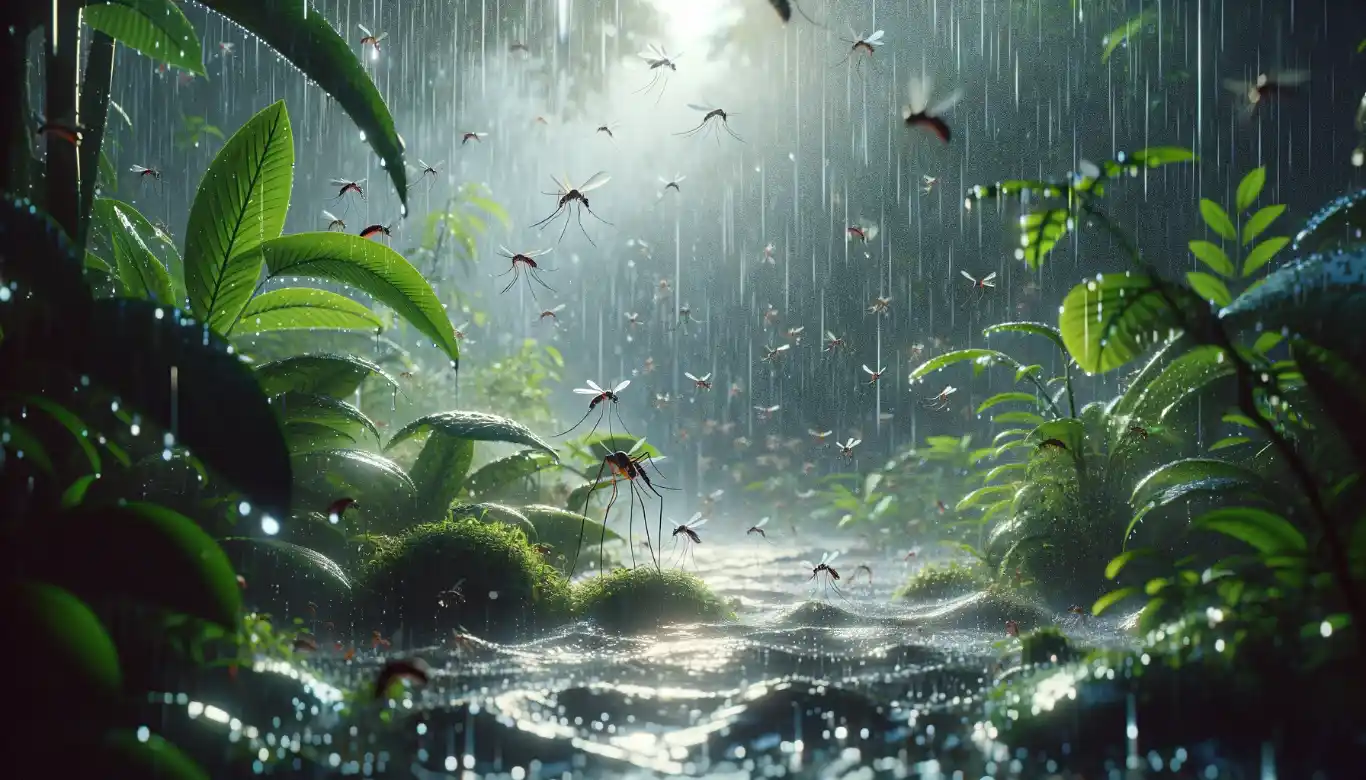Photorealistic image of a monsoon scene with heavy rain and numerous mosquitoes in lush greenery.