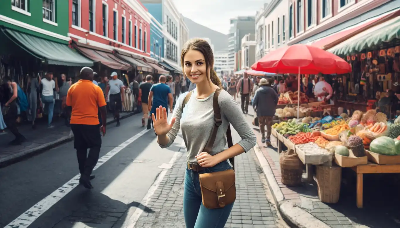 Photorealistic image depicting a friendly and lively street scene in Cape Town, with a tourist demonstrating situational awareness and crime prevention measures