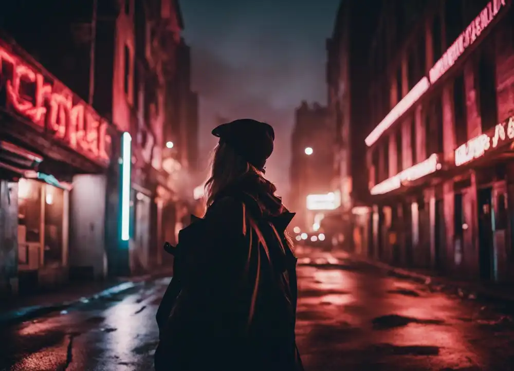 Person in a coat and hat standing on a moody, neon-lit street at night.