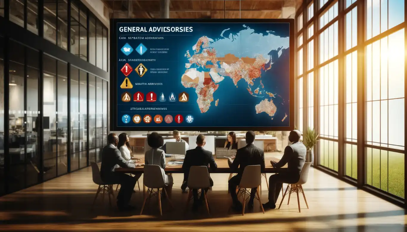A photorealistic image of a modern office with a digital display showing world map and safety advisory icons, surrounded by security professionals reviewing the information. 