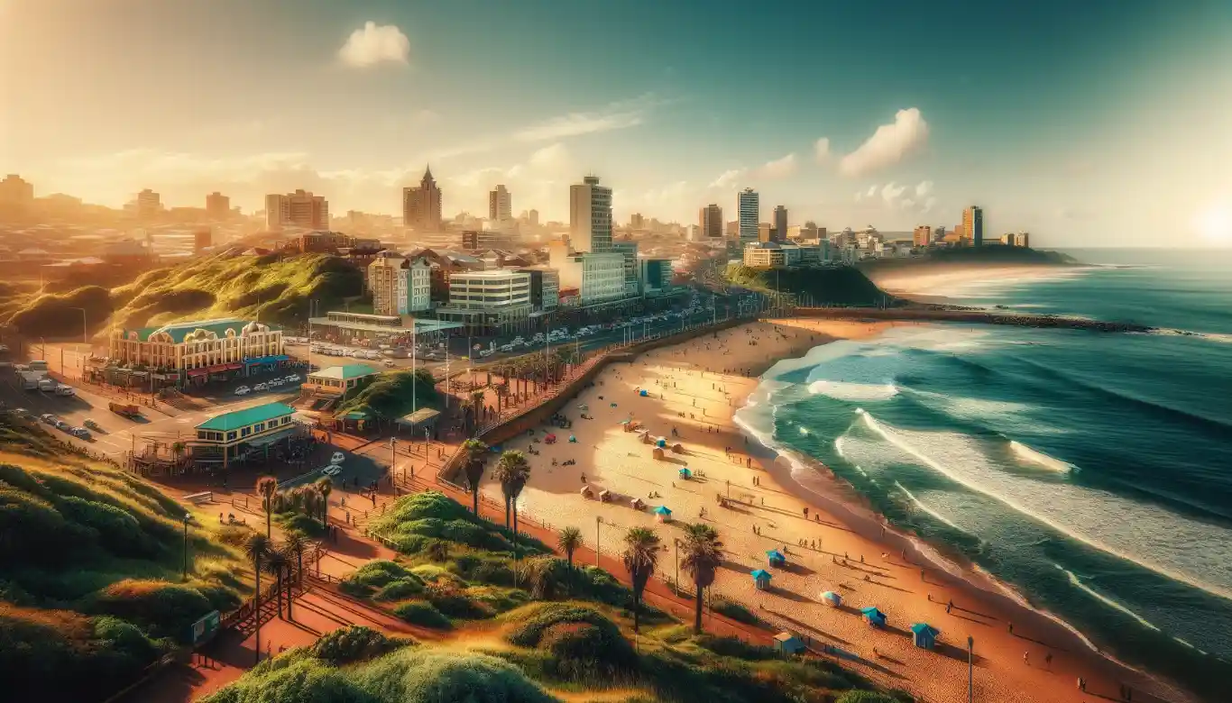 Photorealistic image showcasing a panoramic view of Port Elizabeth, South Africa, with its vibrant beachfront and city skyline
