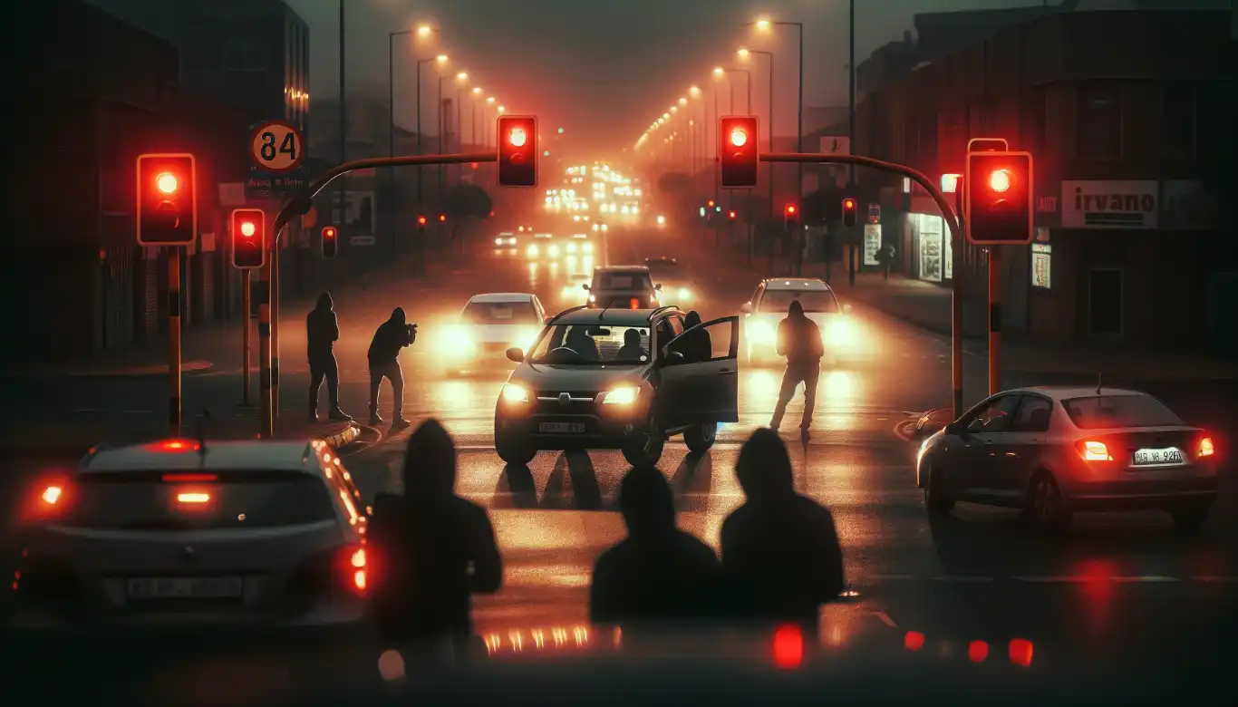 Photorealistic image depicting a tense urban scene in South Africa at dusk, capturing the threat of armed robberies at a traffic junction.