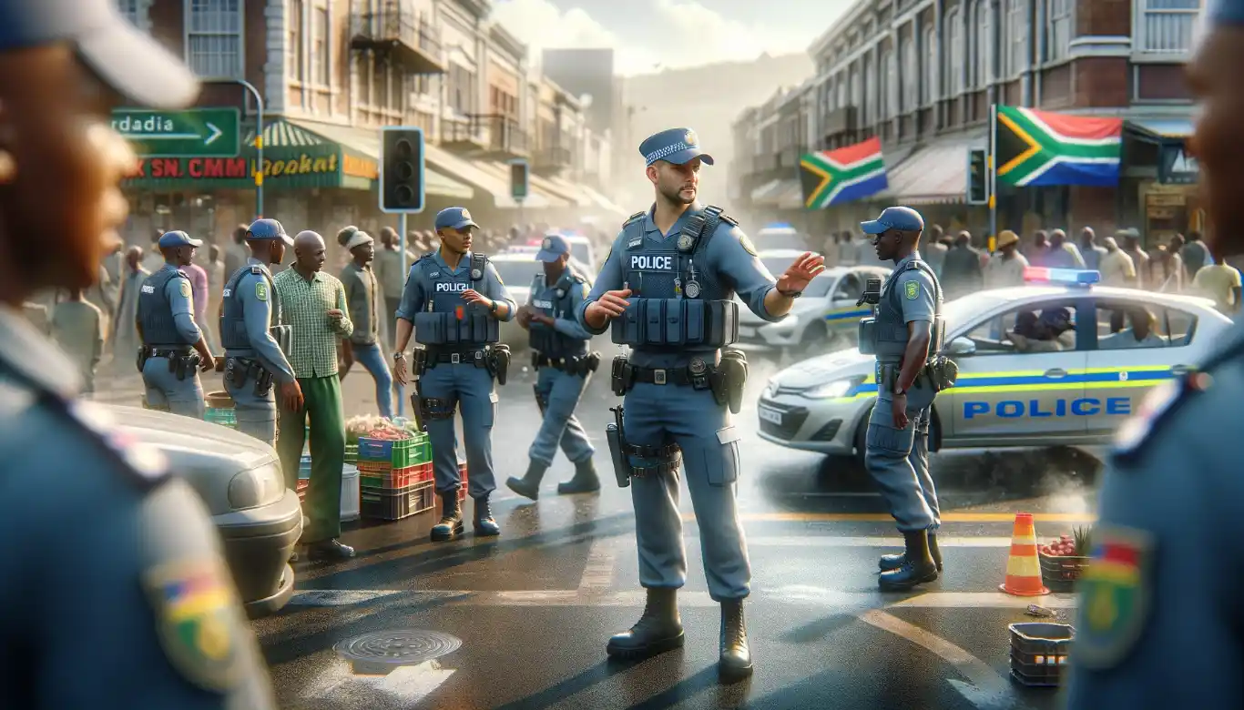 South African police officers on a busy city street.