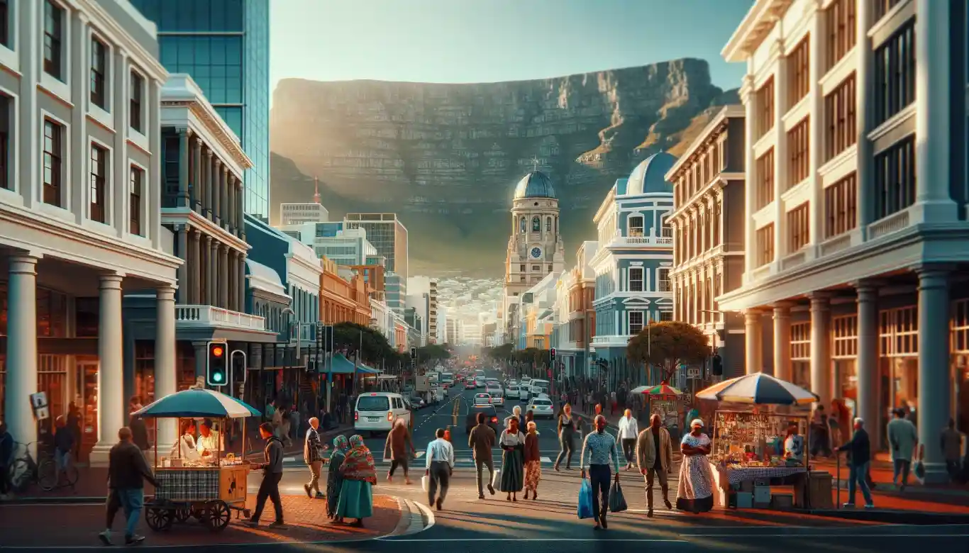 A photorealistic image of a bustling street scene in Cape Town, South Africa, featuring diverse pedestrians and street vendors, with Table Mountain in the background.