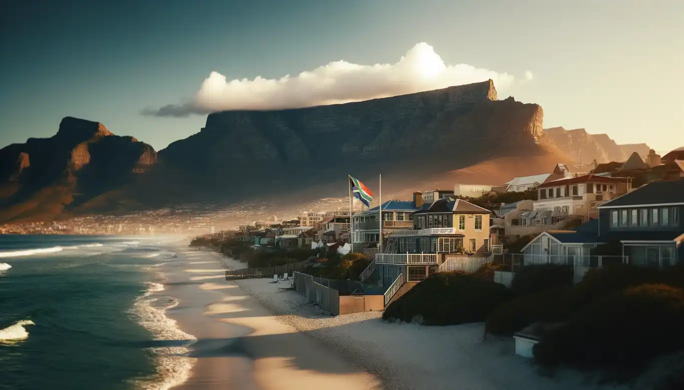 Photorealistic image of a coastal view of Cape Town i a serene yet tension-filled atmosphere.