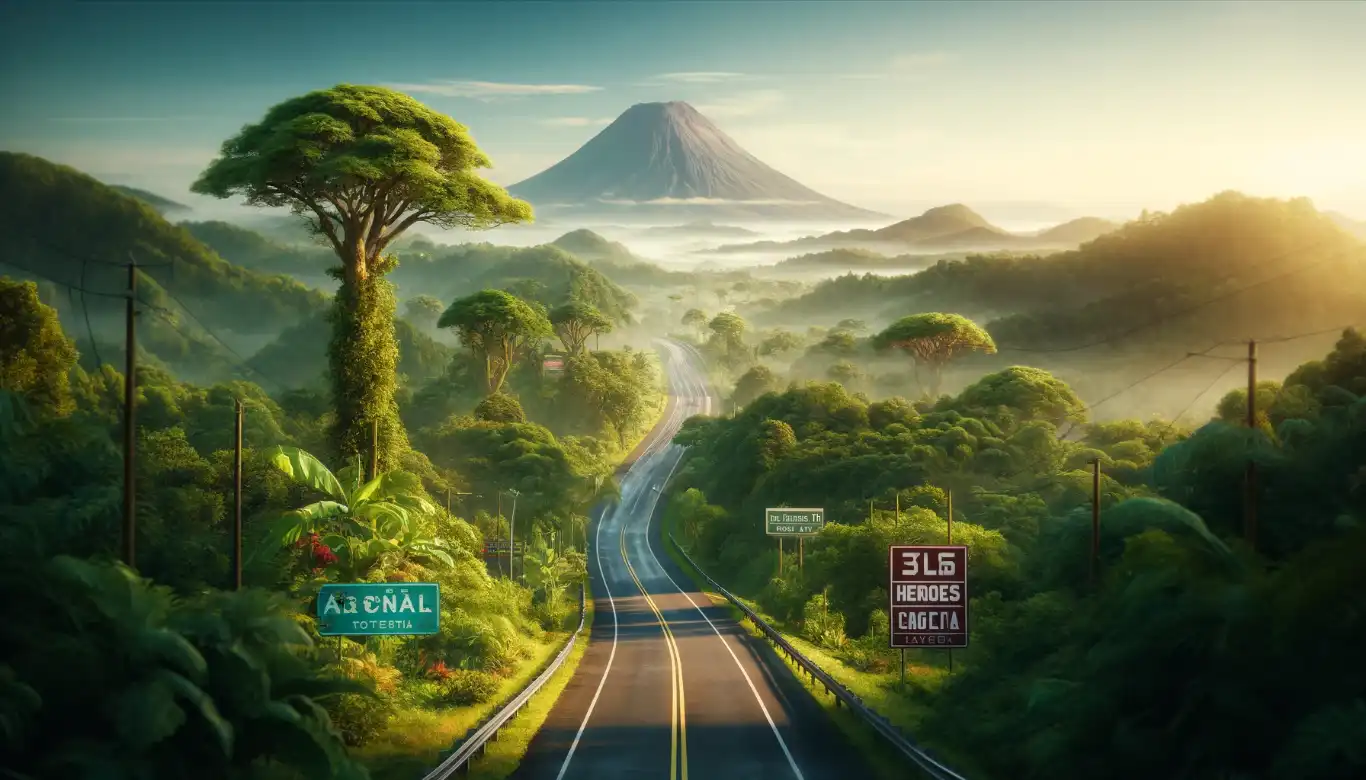 A scenic road in Costa Rica with lush forests on either side, leading toward Arenal Volcano in the distance, under a clear sky.