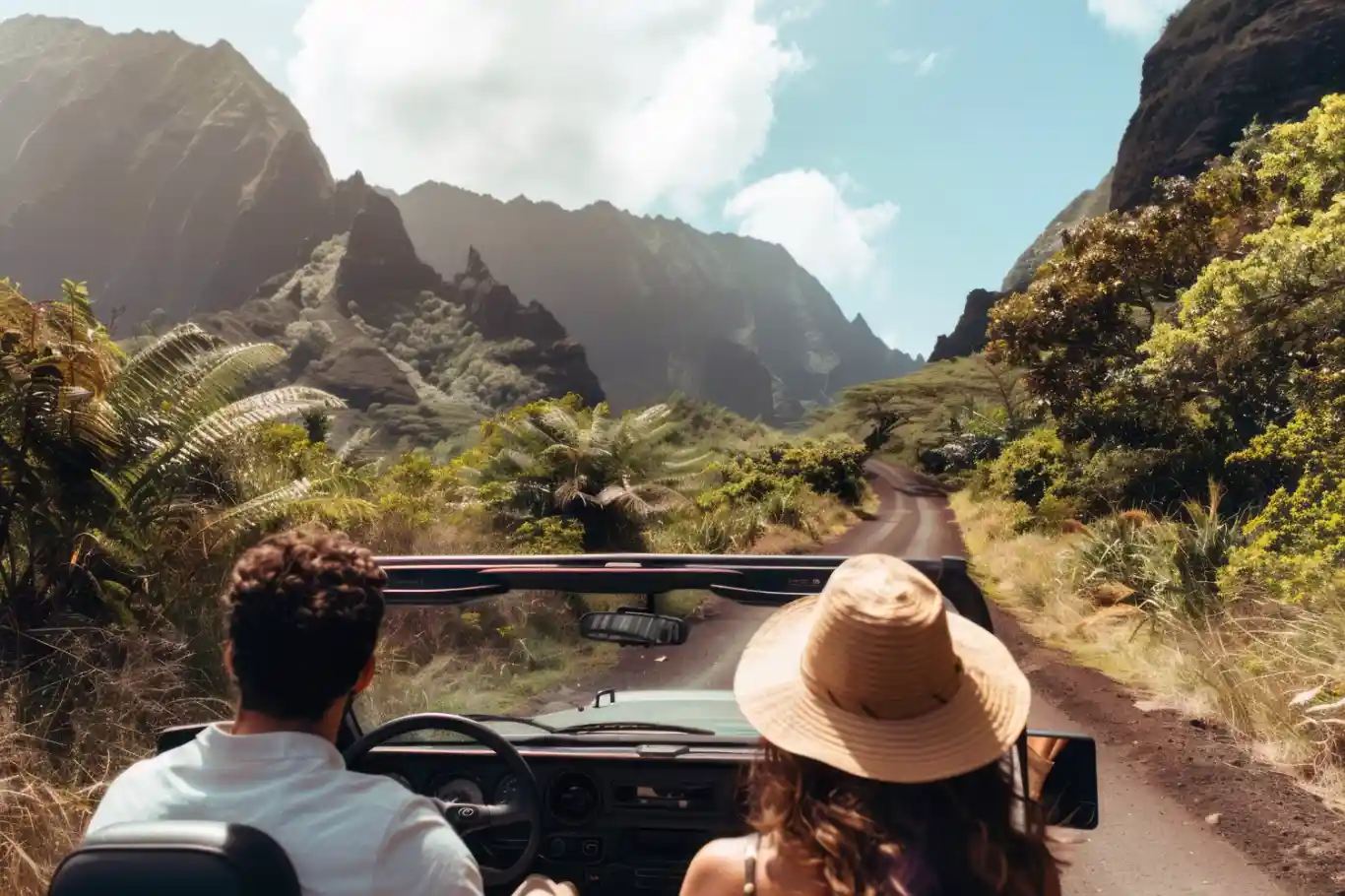 Two travelers hit the road with off-road car, blue sky, scenic landscape