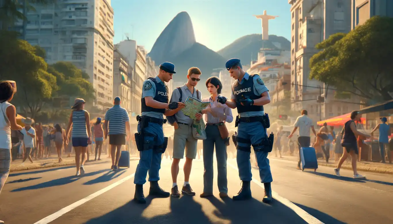 Two travelers being assisted by tourist police in Rio de Janeiro, with Sugarloaf Mountain and Christ the Redeemer in the background.