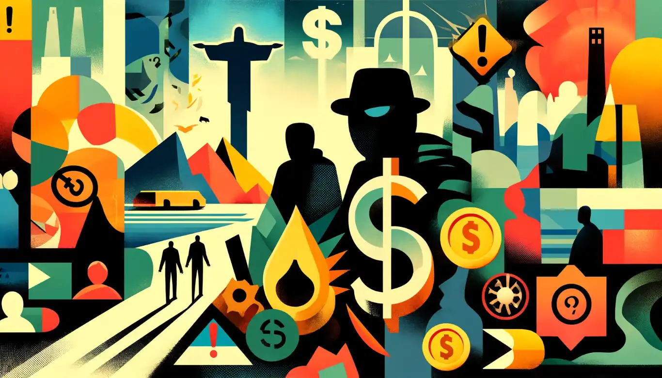 Abstract image depicting scams in Rio de Janeiro with shadowy figures, broken currency symbols, warning signs, and stylized landmarks like Christ the Redeemer and Sugarloaf Mountain.