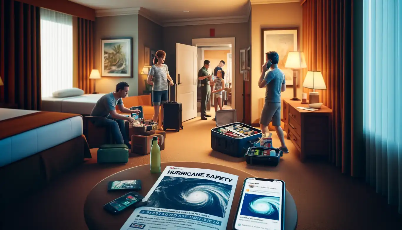 Realistic image of tourists in a hotel room preparing for a hurricane, consulting safety guidelines, packing essentials, and communicating with hotel staff.