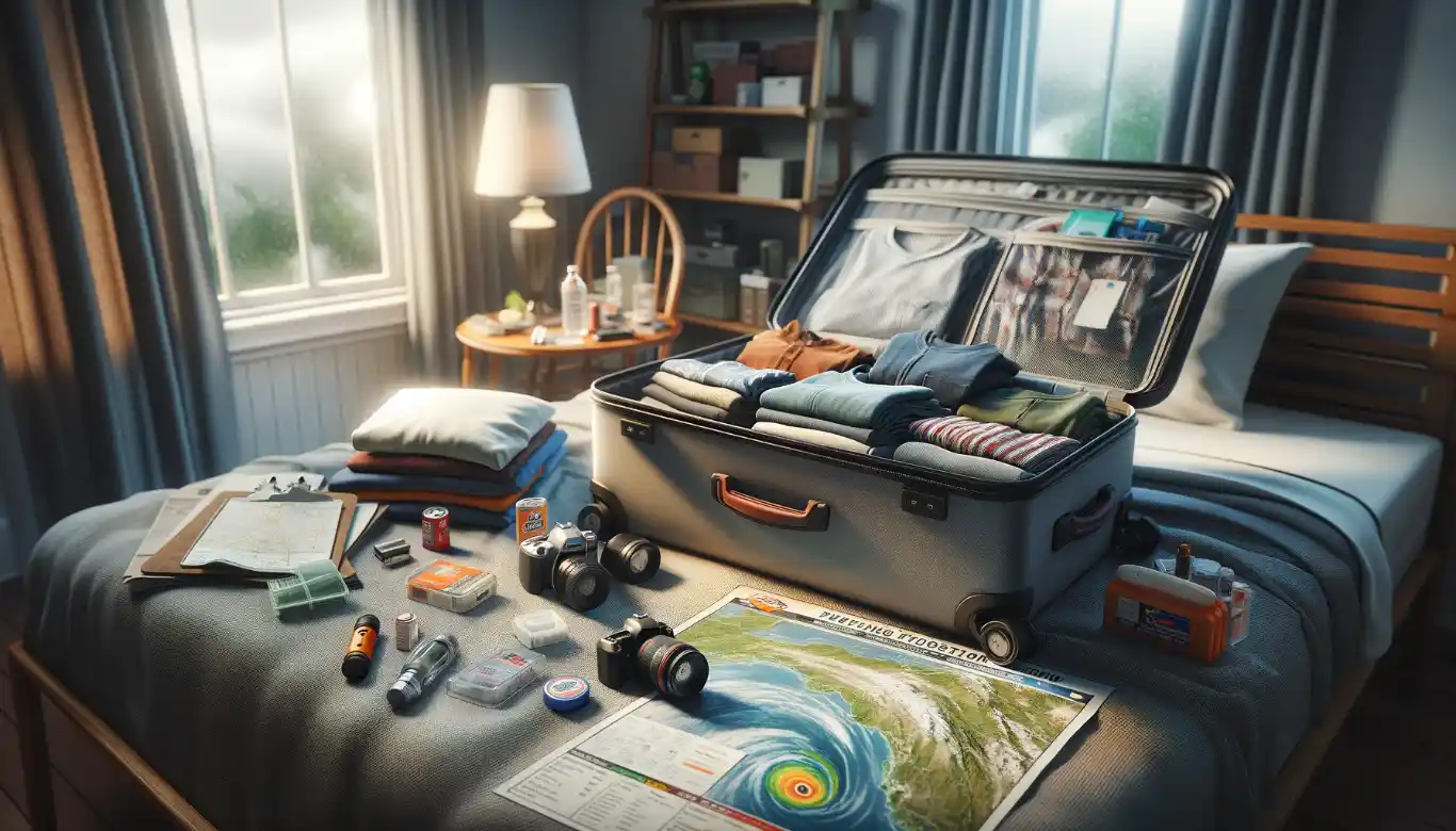 Realistic depiction of essential preparations for travel during hurricane season, featuring packed luggage, weather forecast maps, and emergency supplies.