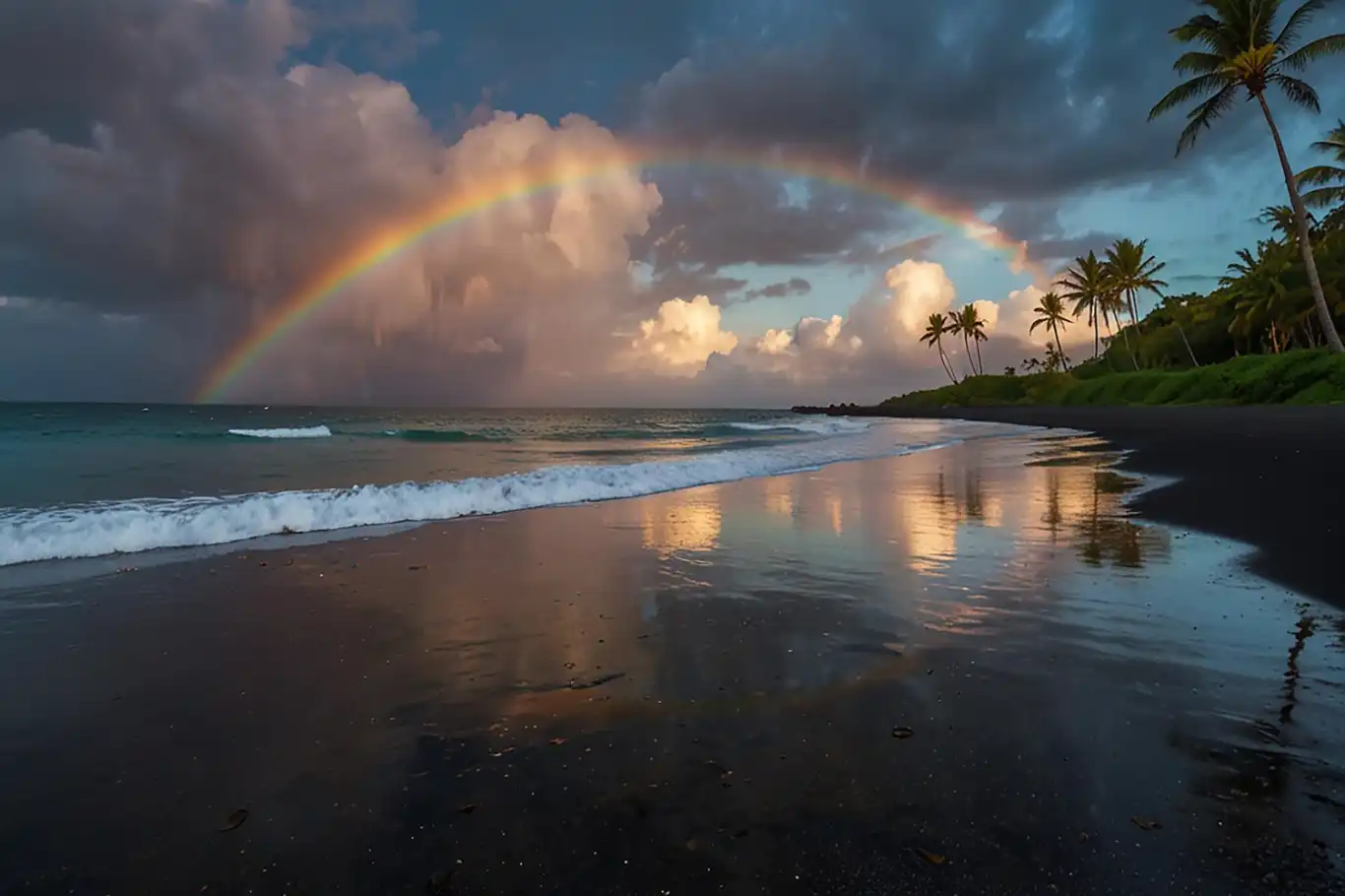 Light rainbow over a glittering sea with bright clouds shining on a black sand beach with palm trees