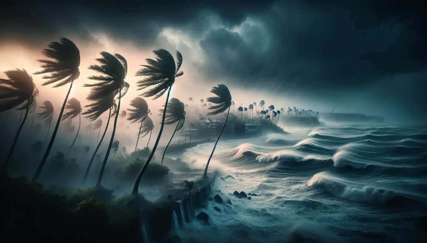 Realistic image of hurricane season in Puerto Rico, showcasing stormy skies, strong winds, and turbulent ocean waves against a coastal backdrop.