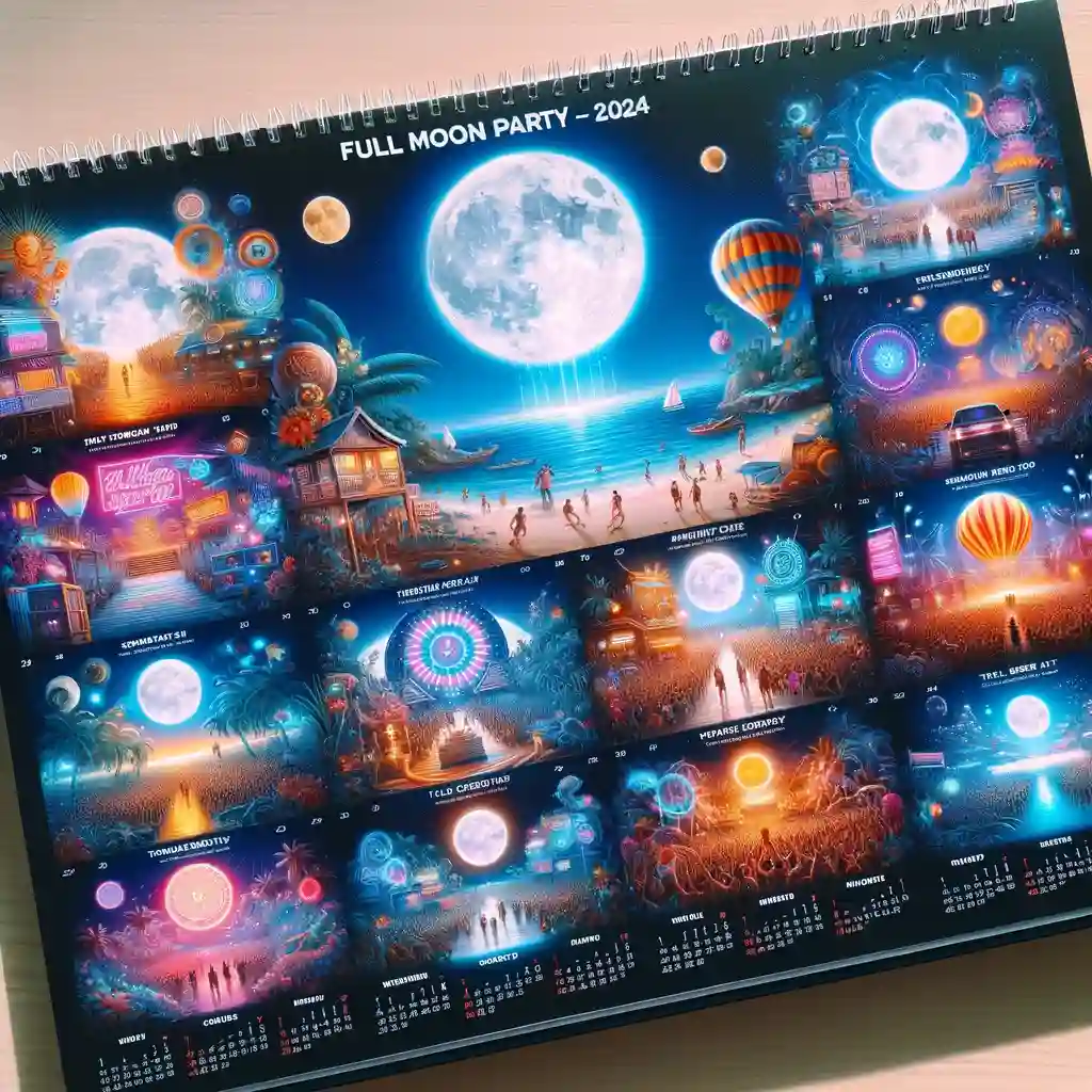 A 2024 Full Moon Party calendar, artistically designed with vibrant colors and thematic party elements.