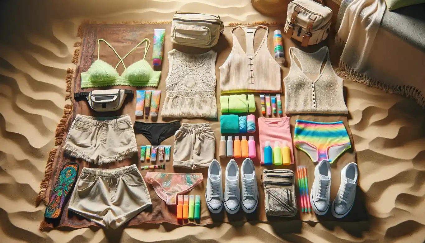 Essential items for the Full Moon Party, featuring lightweight clothing, neon body paint, a fanny pack, and sneakers, arranged with a natural color palette.