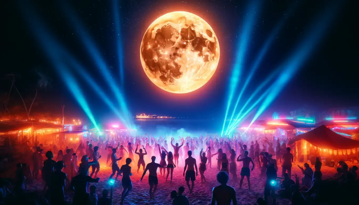 A lively full moon party in Thailand, featuring people dancing on the beach under neon lights and a bright full moon.