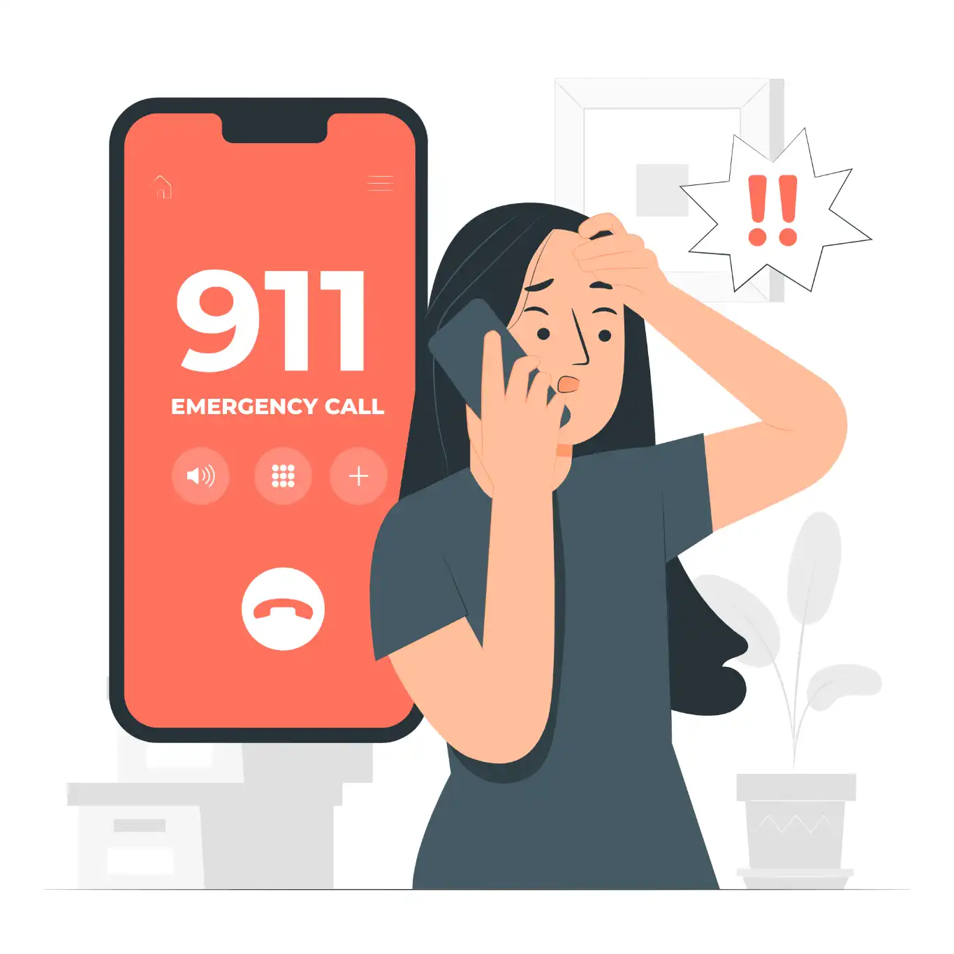 "A woman in distress making an emergency 911 call on her phone, with a large smartphone screen displaying the number 911.