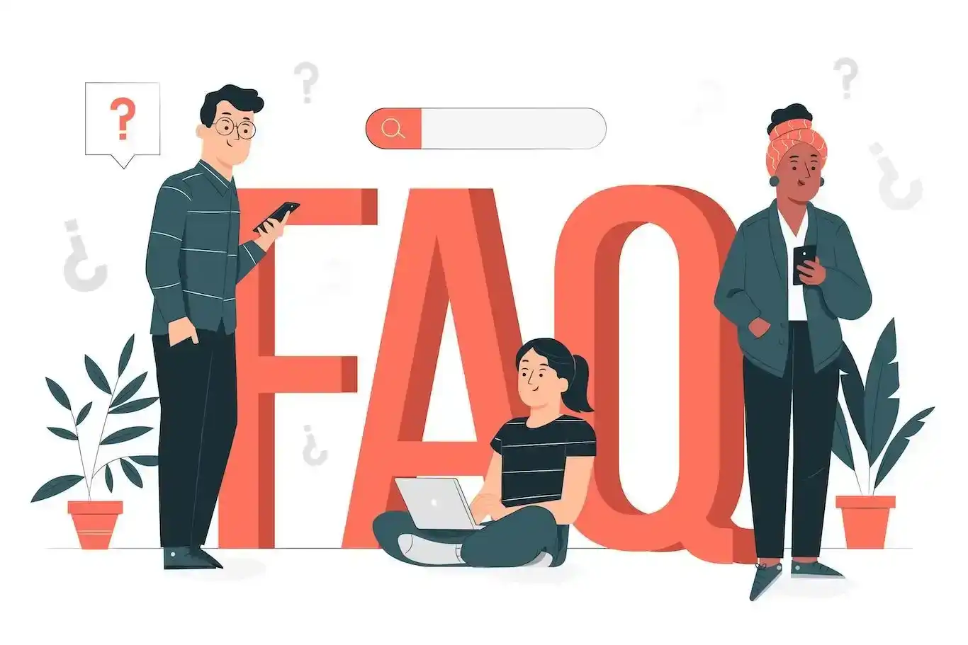 Illustration of the letters 'FAQ' in large, with three individuals searching for answers in their phones and laptop.