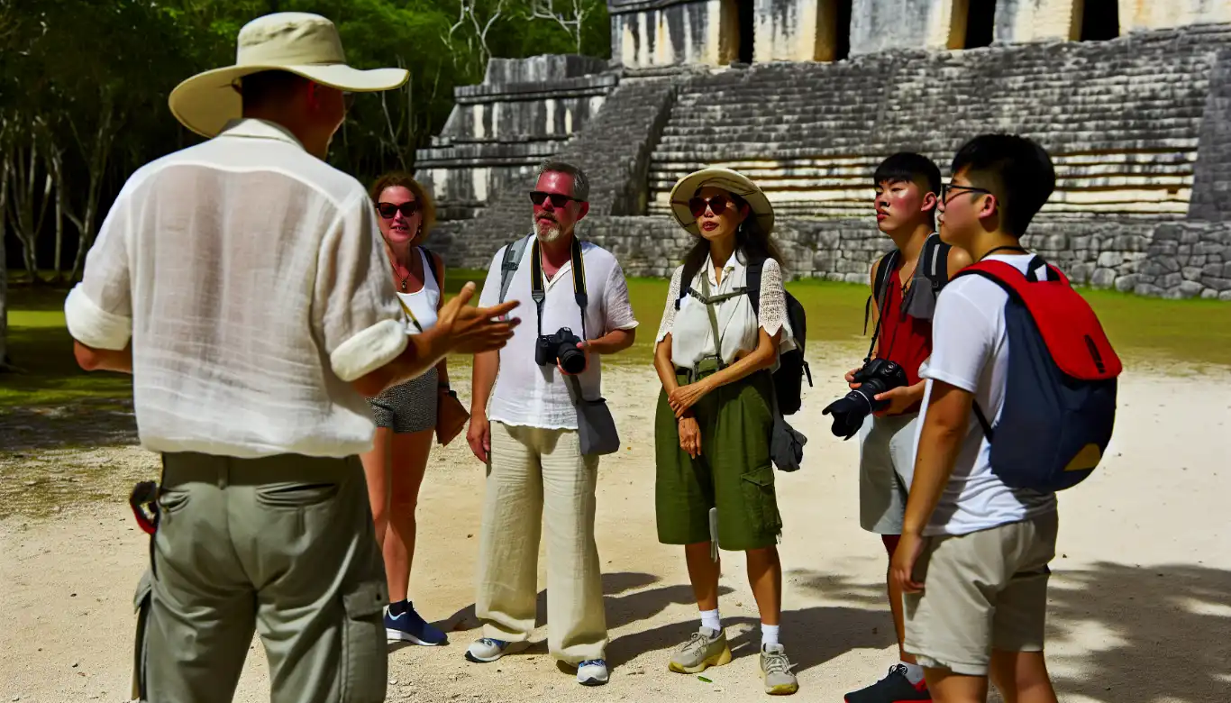 Guided tour group exploring the ancient ruins in the Yucatan Peninsula