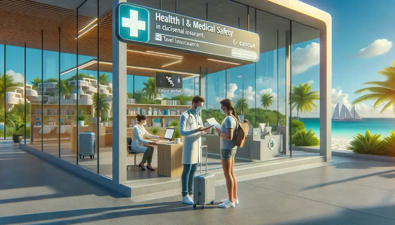 A photorealistic image of a medical clinic in Cancun, with a doctor assisting a tourist holding insurance papers.
