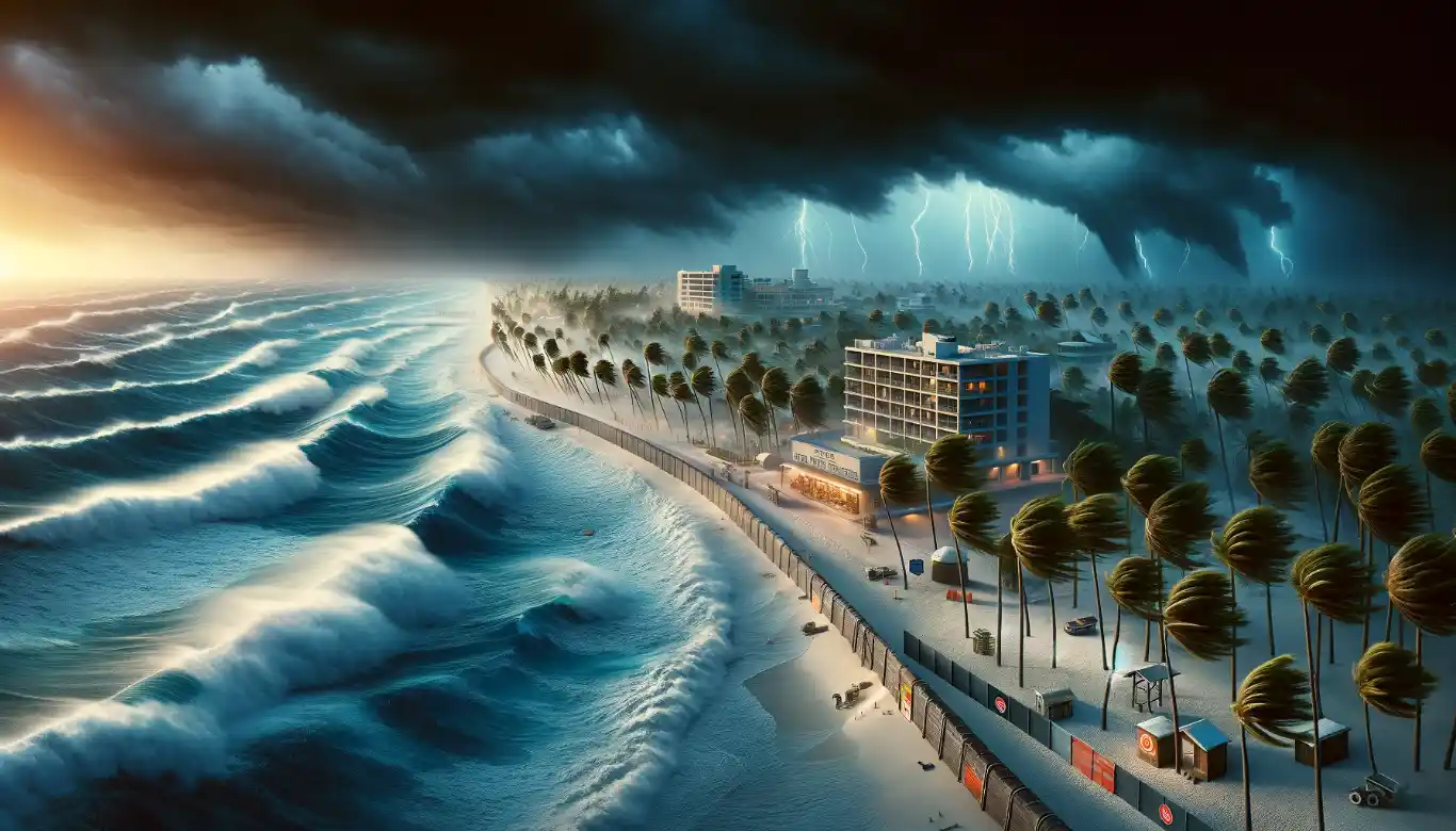 Photorealistic depiction of Cancun's coastline under stormy skies with palm trees bending in strong winds and turbulent waves.