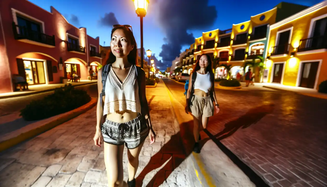 Solo female traveler walking along a well-lit street in Cancun