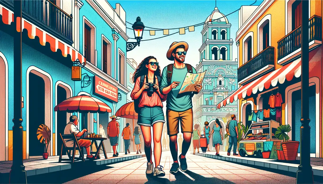 Tourist couple strolling through downtown Cancun, consulting a map among colorful buildings and local street life.