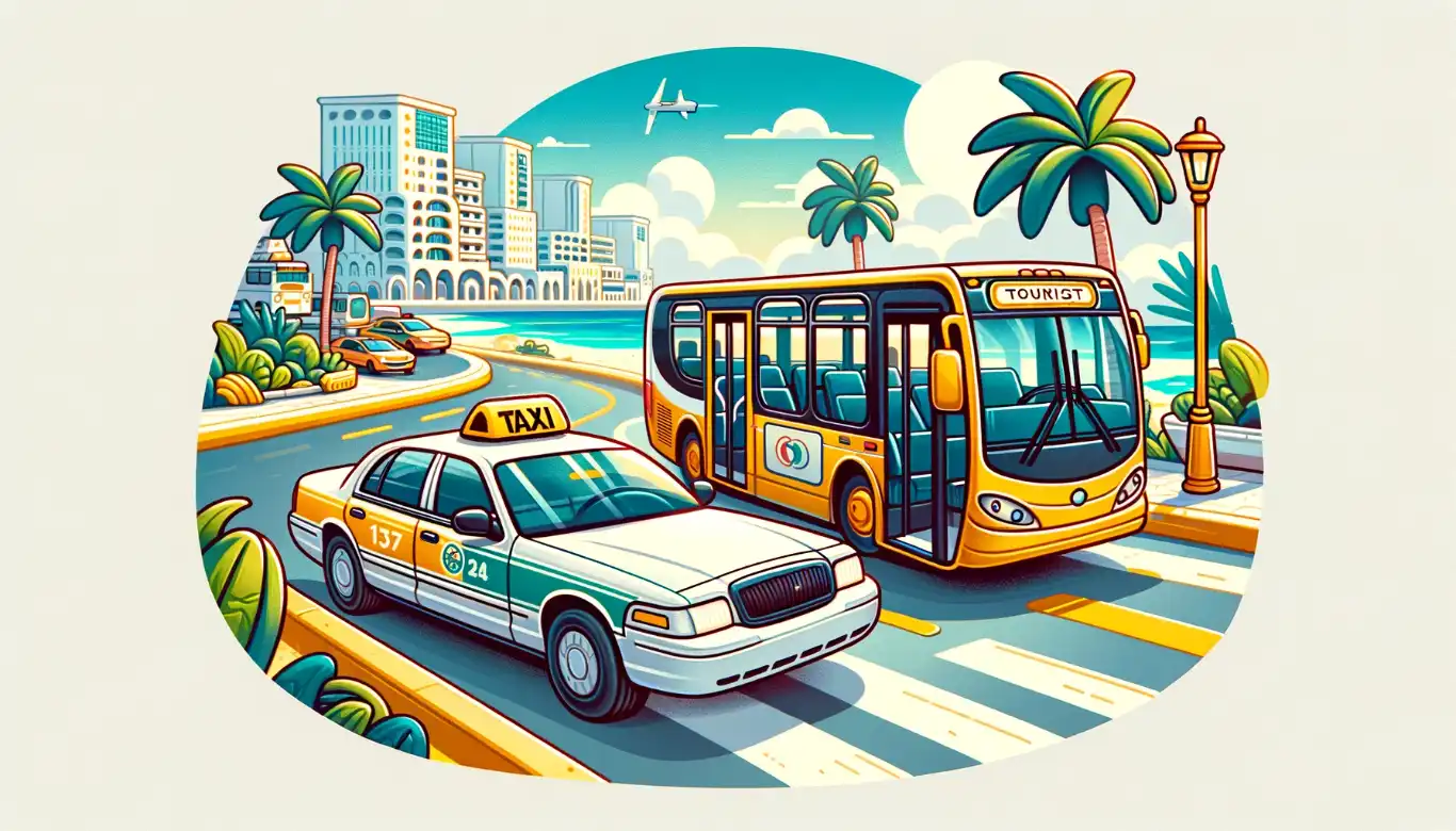 Illustration of a taxi and a tourist bus on a palm-lined street in Cancun, representing the city's accessible transportation options for visitors