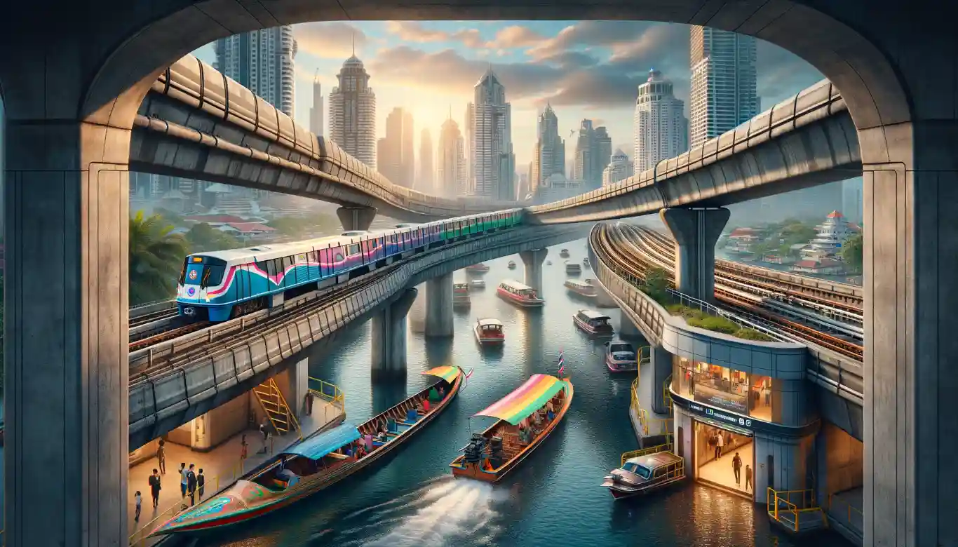A photorealistic depiction of Bangkok's public transportation, featuring the BTS Skytrain, MRT metro entrance, and a longtail boat on the Chao Phraya River, with the cityscape in the background.