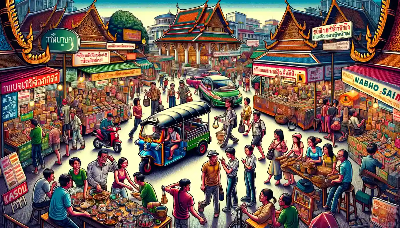 An illustration of a vibrant Bangkok market scene, highlighting tourists engaging in cautious interactions with vendors and performers, indicative of potential scams.