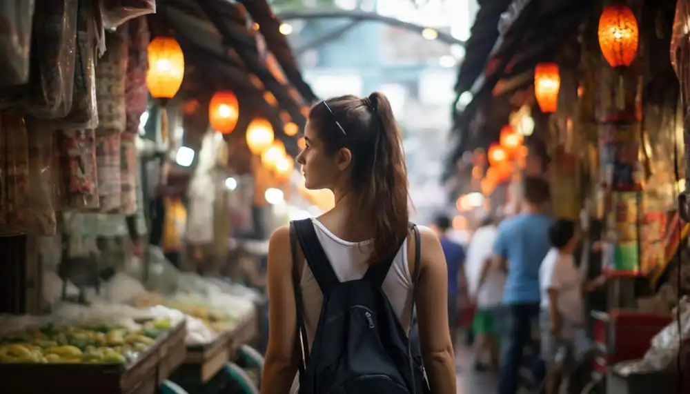 A woman with a backpack is walking in a market