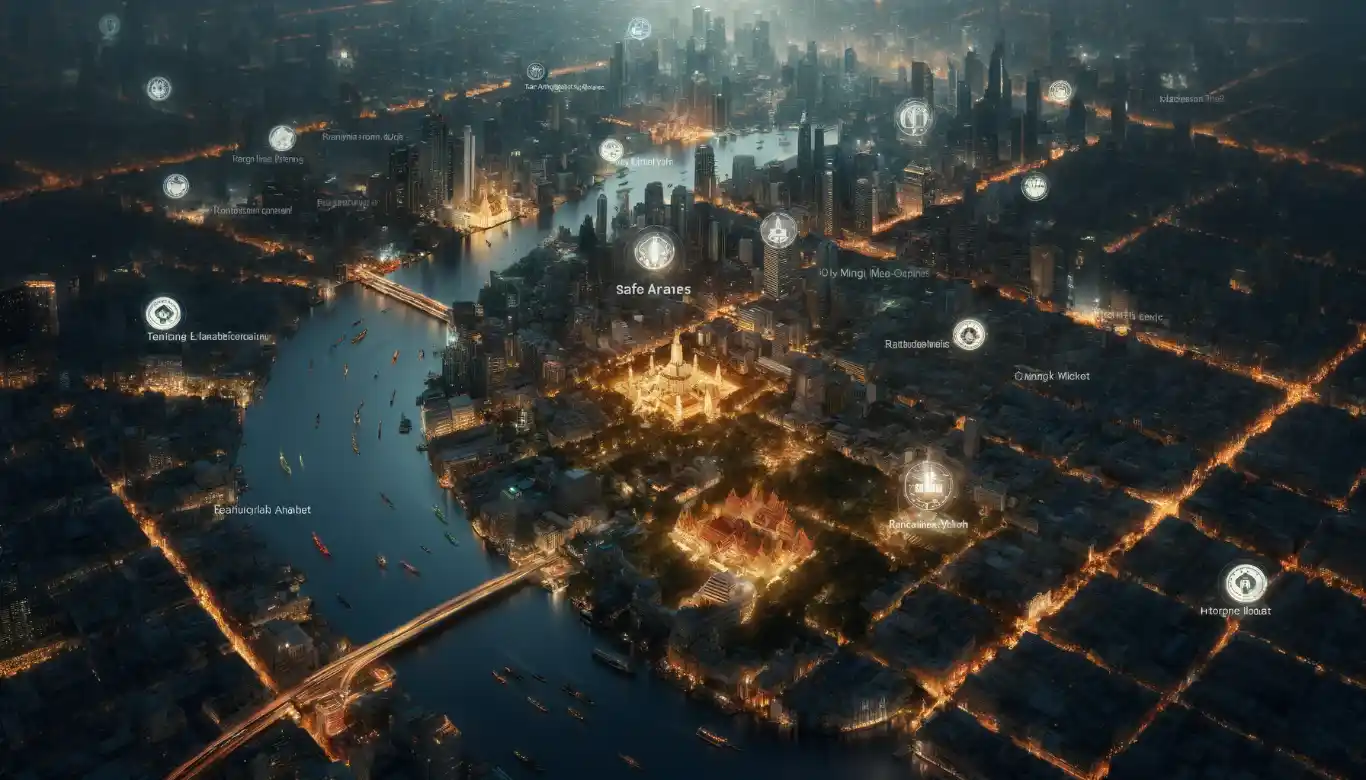 A photorealistic aerial view of Bangkok at night.