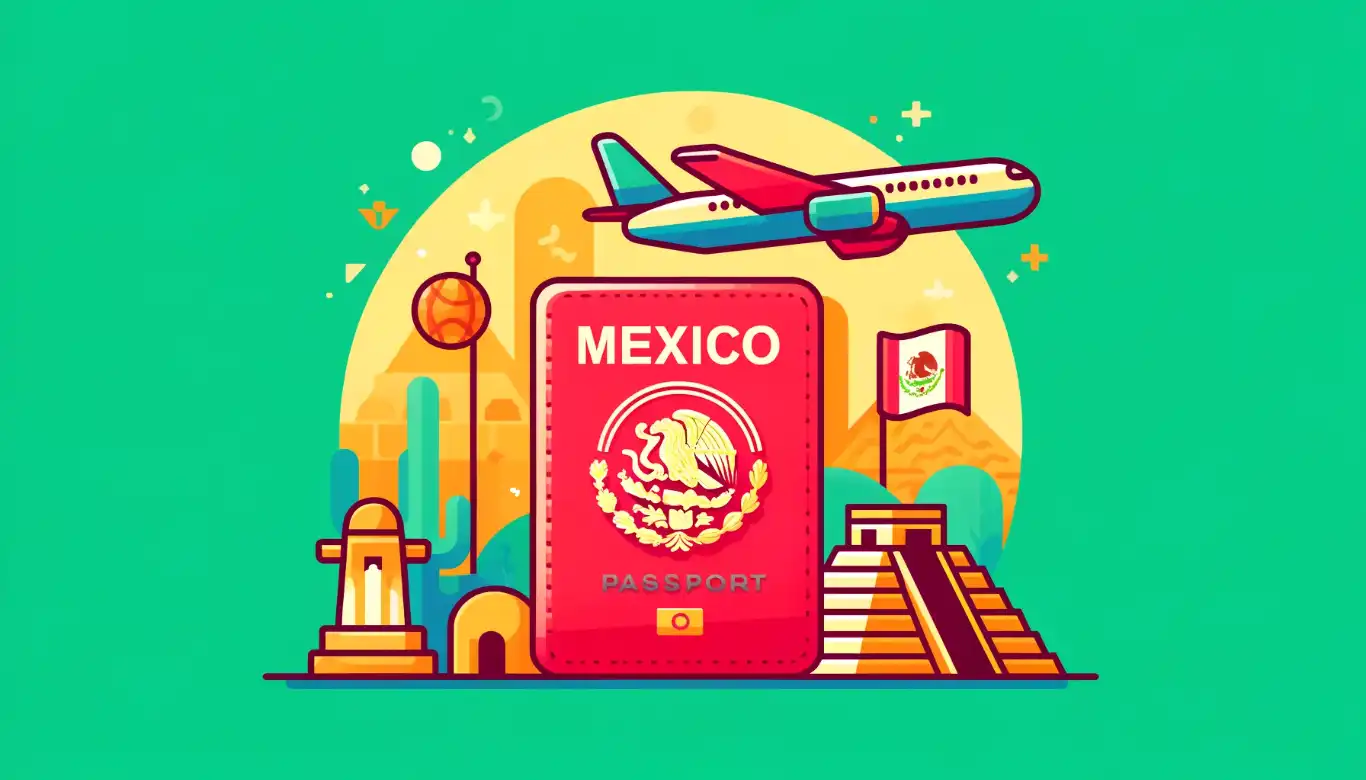 An illustration featuring a stylized passport, an airplane, and iconic Mexican landmarks like Chichen Itza, designed to highlight the joy of travel to Mexico.