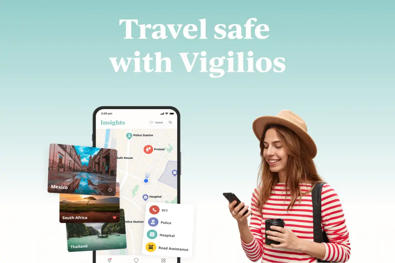 Happy traveler using Vigilios Travel Safety App to Stay Informed and Safe.