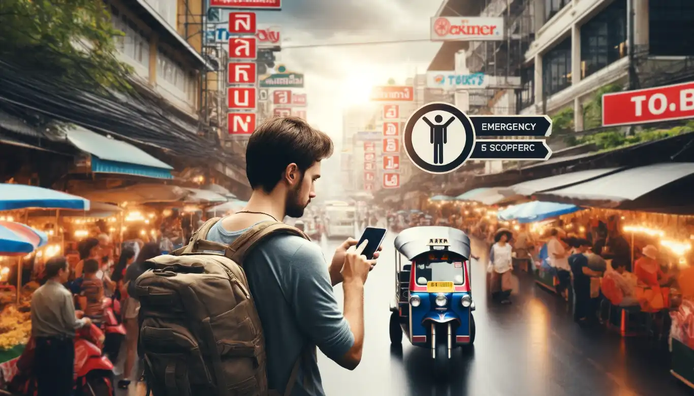 A tourist looks at his smartphone while walking through the bustling streets of Bangkok, with a sign indicating tourist police nearby, emphasizing emergency preparedness.