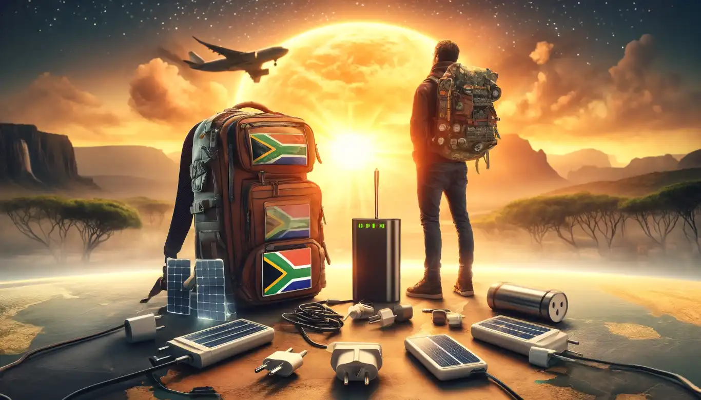 A traveler beside an open backpack with power gadgets, gazing at a sunrise in a South African landscape, prepared for load shedding.