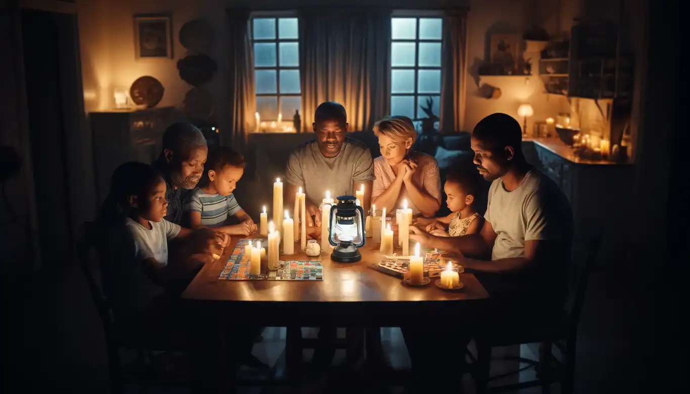 Family gathered around a candlelit table during a load shedding evening in South Africa, highlighting resilience and adaptation in a power outage.