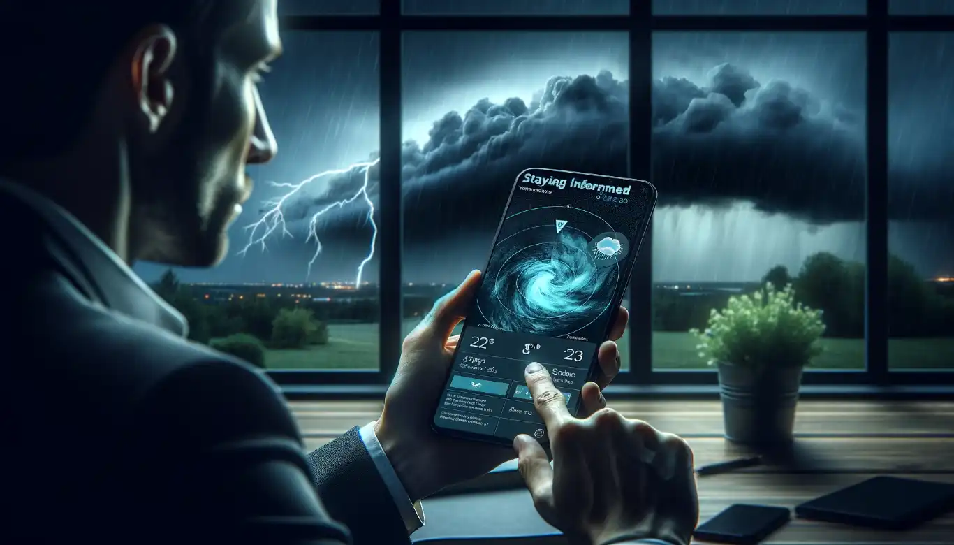 Image illustrating a person using their phone to stay informed about storm activity, with an approaching storm visible in the background