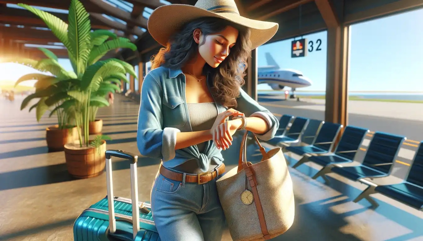 Woman checking her watch with luggage at her side, dressed in casual travel attire