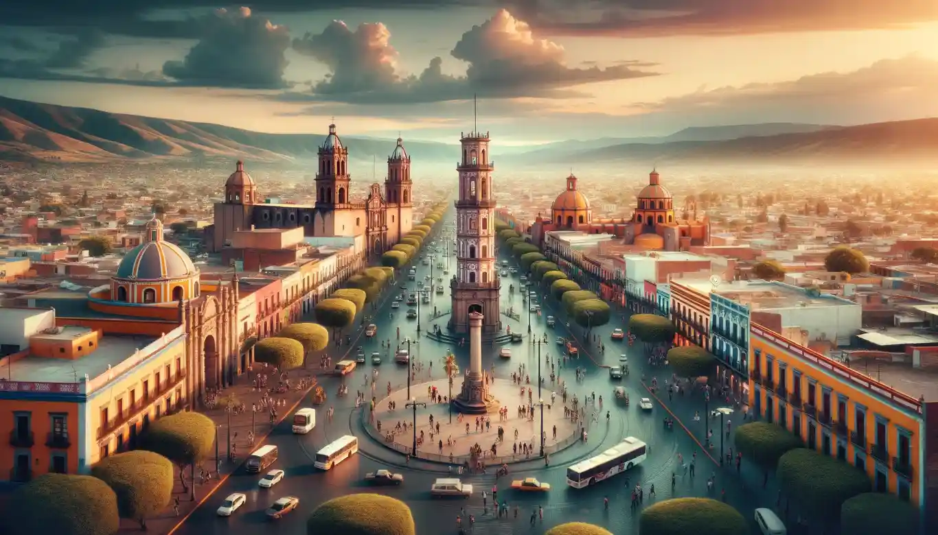 Illustration of Celaya's main square, showcasing the historic architecture and central monument, embodying the city's cultural heart