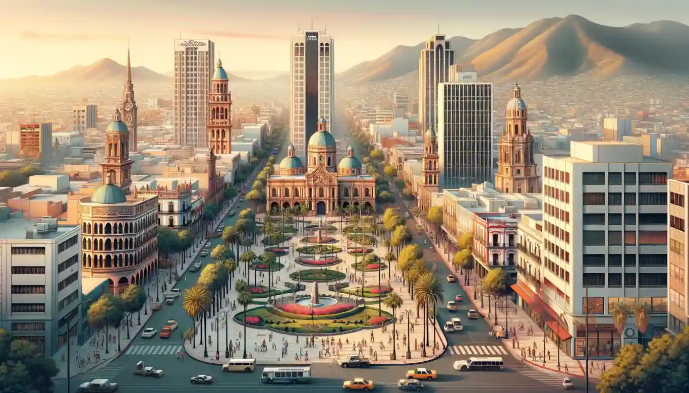 Illustration of Ciudad de Obregón's main square, featuring historic buildings and the backdrop of majestic mountains, capturing the city's rich heritage and natural beauty.
