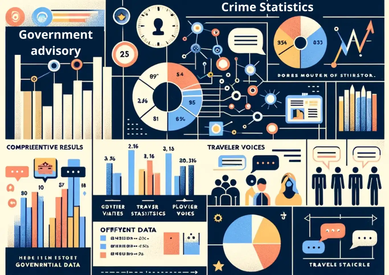 Illustrative infographic displaying a range of data types used, including crime rates and traveler voices