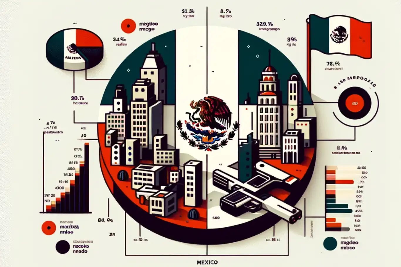 Infographic illustration featuring the Mexican flag alongside key data and statistics related to Mexico