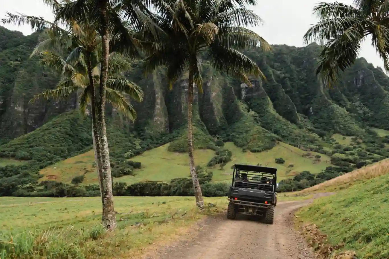 Off-road vehicle driving on a dirt path through lush green hills and palm trees in Costa Rica, showcasing adventurous travel and scenic landscapes.