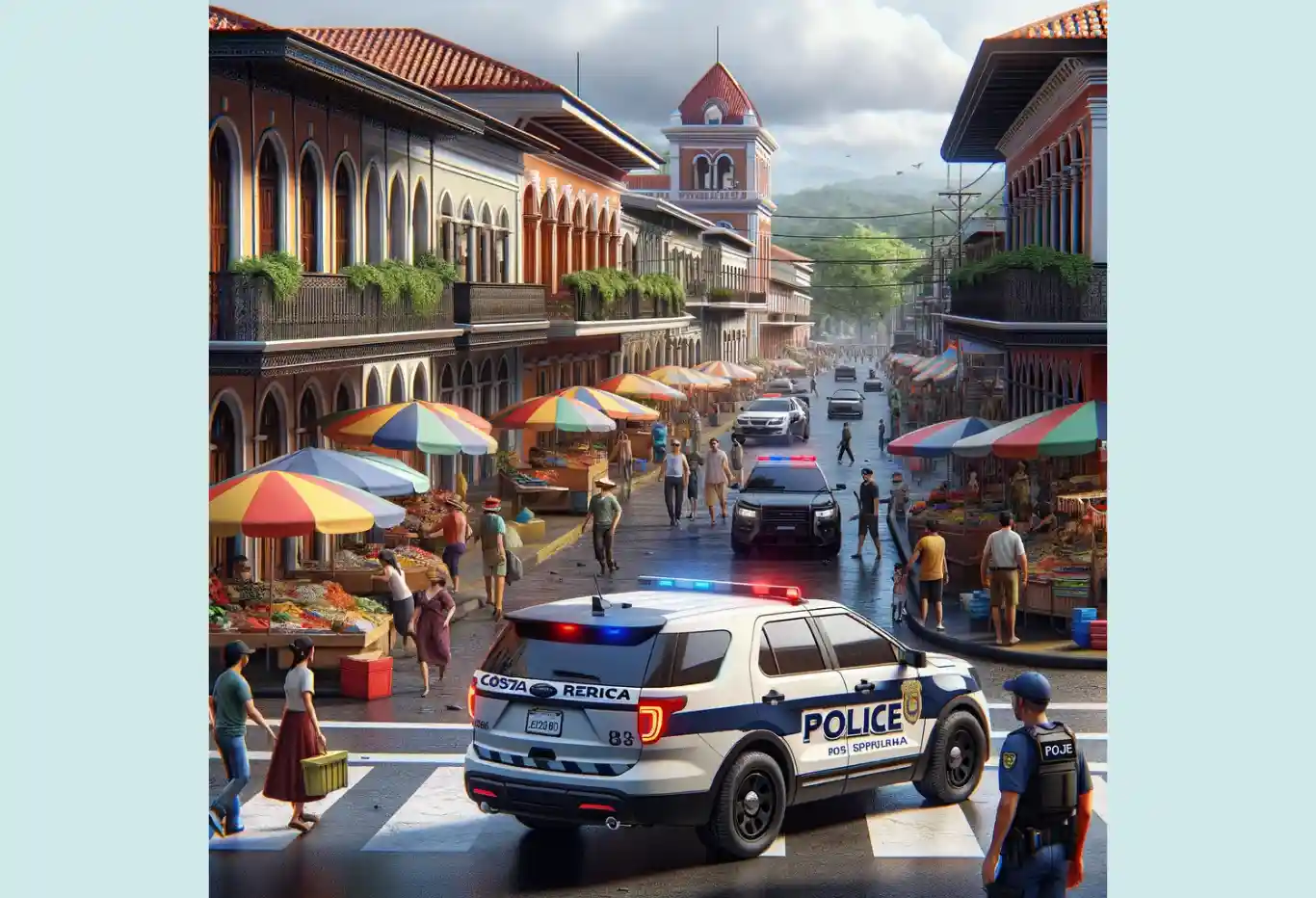 Costa Rican police patrolling a vibrant street market with colorful umbrellas and colonial-style architecture, ensuring public safety.