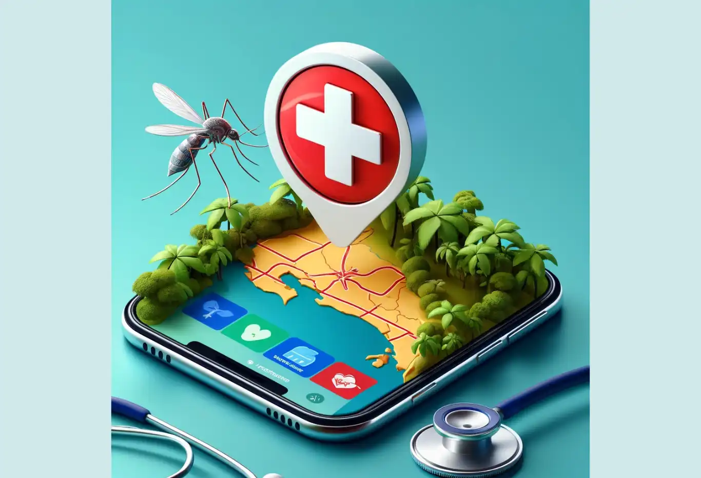 Illustration of a smartphone with a 3D map of Costa Rica, featuring a medical cross symbol, mosquito, and health app icons, highlighting travel health and safety.